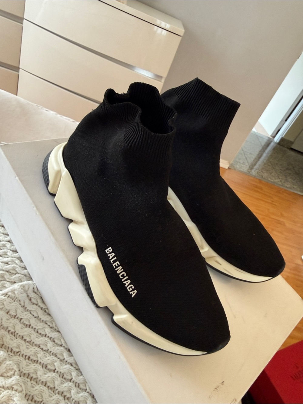 Balenciaga Black Knit Sock Sneakers with White Sculpted Sole